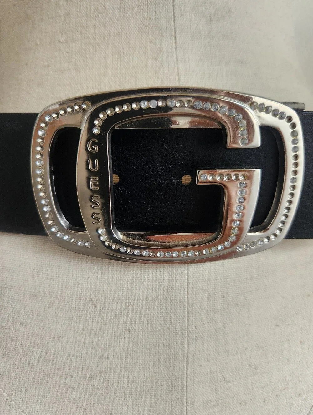 Guess Genuine Leather Belt Big G Silver Diamonte Rhinestone Buckle Sz Medium